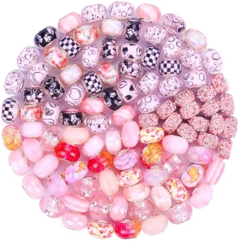 Aipridy Large Hole European Beads, Craft Supplies Kit，Assorted Mixed Color Lampwork Spacer Beads for DIY Bracelet Jewelry Making (100, Pink) by AIPRIDY