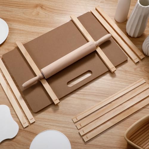 Newtay 12 Pcs Pottery Tools Include 1 Wood Rolling Pin Sculpting Polymer Clay Tools 1 Portable Wedging Board for Pottery with Built in Handle and 10 Pcs 5 Size Pottery Teaching Rolling Mud Stick Guide - Image 3