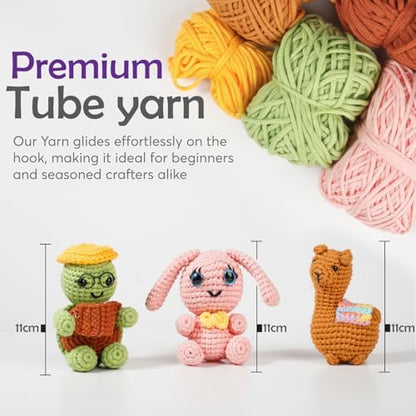 A-URA 3-in-1 Learn to Crochet Kit for Beginners Kids and Adults, Premium Pattern Sunflower, Panda Cactus, Hanging Pot Plant Beginner Crochet Kits with Easy Tube Yarn (3, Animal Pattern) - Image 2