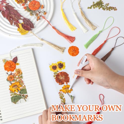 20 Sets Dried Flower Bookmark Making Kit Transparent Bookmark DIY Projects Craft Gift Bulk PET Sticker with Color Tassels and Tweezer for Classroom Activities Reading Award and Book Lovers (Autumn) - Image 5