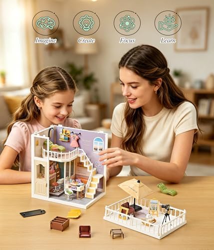 2-Story Loft Beauty Salon Kit, LED Light DIY Miniature House for Adults with Makeup Table Nail Station SPA Chair Balcony, Collectible Plastic Beauty Studio Model, Home Decor Gift for Women - Image 2
