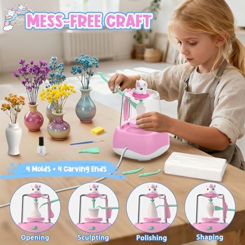 Mini Pottery Wheel for Kids - Pottery Painting Craft Kit with 2.3in Turntable, Clay, Flowers, Mess Free Arts and Crafts for Kid Ages 8-12, Birthday Christmas Gift Toy for Girls Ages 6-12+, Pink - Image 3