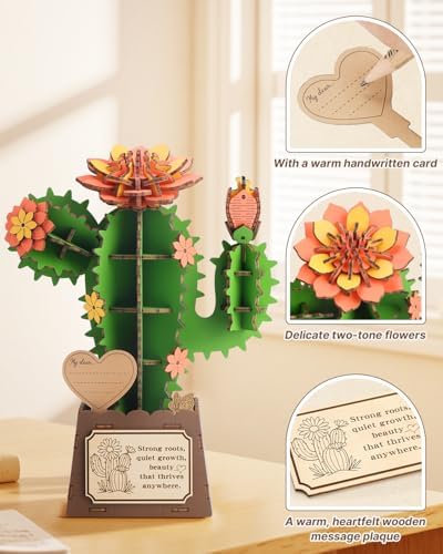 KAAYEE 3D Puzzles for Adults Cactus Potted, 92 Pcs Wooden Puzzle DIY Handcraft Kit, Succulent Flower Series Home Office Decor, Gift for Friends Family Elders Birthday Housewarming - Image 4