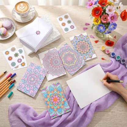 Gueevin 24 Pcs Mandala Coloring Greeting Cards with Envelopes and Stickers Floral Color Your Own Postcards 4 x 6 Flower Thank You Note Cards for Adults Wedding Birthday Gifting DIY Crafts Mailing - Image 4