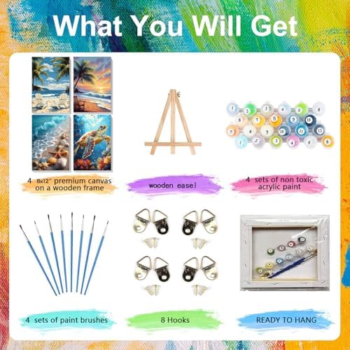 4 Pack Beach Paint by Numbers for Adults with Framed Canvas - Wooden Easel - Image 4