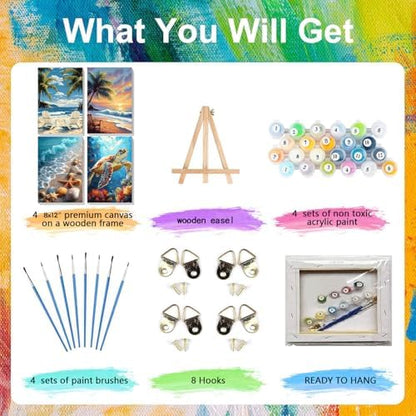 4 Pack Beach Paint by Numbers for Adults with Framed Canvas - Wooden Easel - Image 4