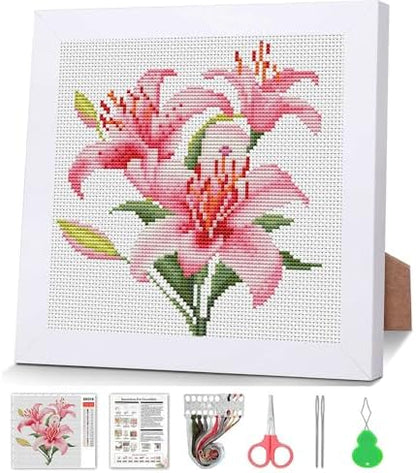 VIGEGU Lily Stamped Cross Stitch Kits for Adult Beginner with Wooden Frame by VIGEGU