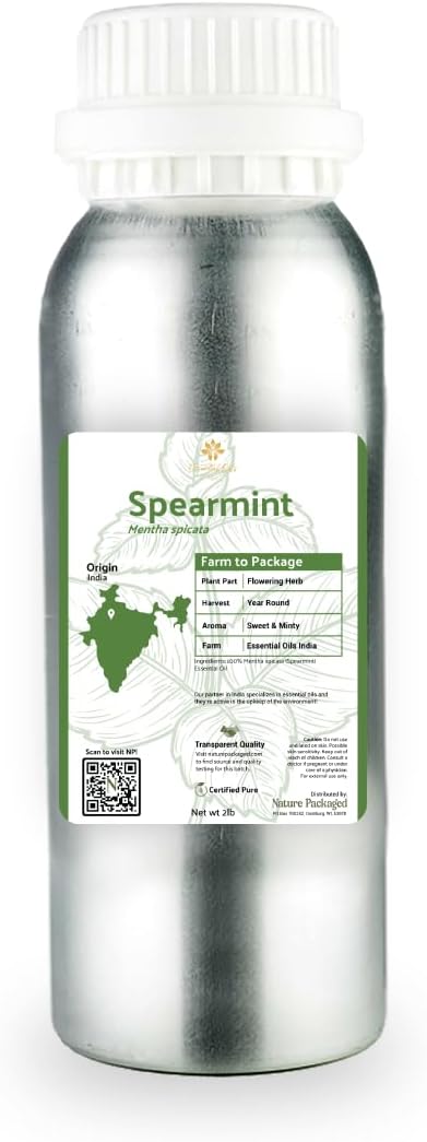 Nature Packaged Spearmint Essential Oil - Direct from Essential Oils India - Steam Distilled - Aceite Esencial de Menta Verde for Aromatherapy, Massage, Diffuser, DIY Candle and Soap Making - 2lbs