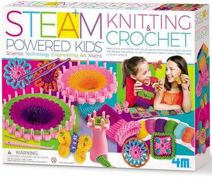4M Knitting & Crochet Kit for Kids Ages 8-12 – Learn to Knit with French Knitting Reel, Crochet Hooks, Yarn, Scarf & Handbag Projects, Beginner Craft Set for Girls and Boys, STEM Arts & Crafts Gift by 4M