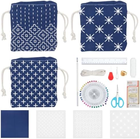 INFUNLY 3 Set Sashiko Drawstring Bag Kits Sashiko DIY Tote Bag Kit Flower Sashiko Fabric Kit for Beginners Make Your Own Tote Bag with Thread Needles Hand Sewing Set for Adults by INFUNLY
