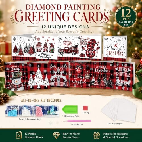 NUOFIX 12 PCS Diamond Art Christmas Cards with Envelopes, Christmas Crafts for Adults, Diamond Painting Kits for Card Making, Holiday DIY Kits (Red) - Image 3
