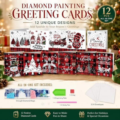 NUOFIX 12 PCS Diamond Art Christmas Cards with Envelopes, Christmas Crafts for Adults, Diamond Painting Kits for Card Making, Holiday DIY Kits (Red) - Image 3