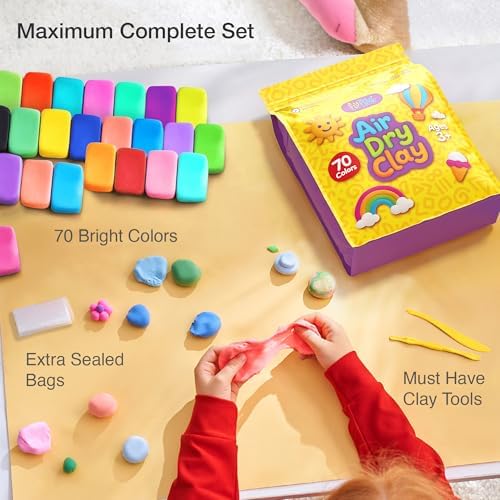 FlyFlag Air Dry Clay - 70 Colors, Ultra Light and Soft, Non-Toxic Modeling Clay for Kids with Tools and Tutorials, for Creative Play and Learning - Image 2