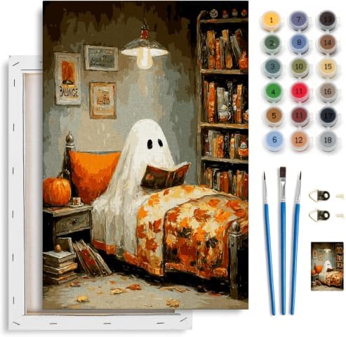 Spandrel Halloween Ghost Framed Paint by Numbers Kit for Adult, Vintage Paint by Number Kits on Canvas Ghost Reading, DIY Acrylic Oil Halloween Painting by Numbers Gifts for Home Wall Decor, 8x12in by Unknown