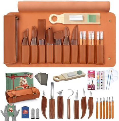 Whittling Kit for Adult Beginners, 29Pc Wood Carving Tools Set: 7 Knives, 6 Detail Gouges, Solid Strop Board, Gloves & Video Guide. Hand Carving Knife Set for Spoon, Basswood, DIY Hobby Gift by COZYGIFT