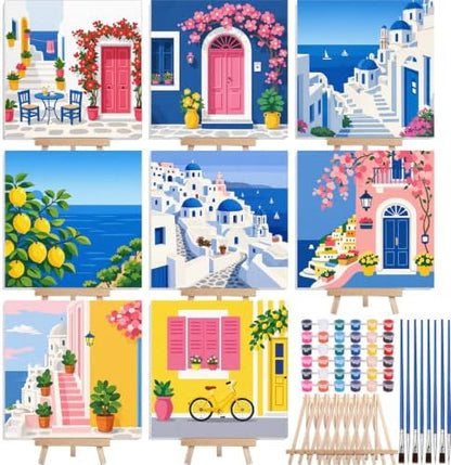Nezyo 8 Sets 8 x 8 Inch Paint by Numbers Kit for Adult Beginners with Wooden Easels Acrylic Paint by Number Landscape Paintings Kits for DIY Party Home Decor Gift(Town) by Nezyo