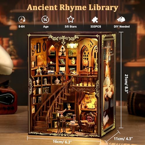 Book Nook Kit, DIY Miniature House Kit for Adults, Mini Ancient Rhyme Library Building Set, Tiny Dollhouse Book Nook Insert with Touch LED Lights, 3D Wooden Puzzle Bookshelf Decor, Craft Gift - Image 2