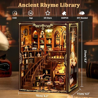 Book Nook Kit, DIY Miniature House Kit for Adults, Mini Ancient Rhyme Library Building Set, Tiny Dollhouse Book Nook Insert with Touch LED Lights, 3D Wooden Puzzle Bookshelf Decor, Craft Gift - Image 2