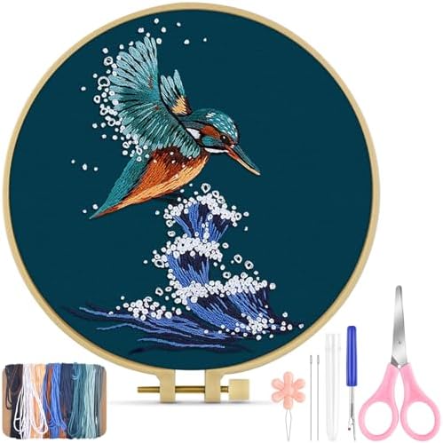 TINDTOP Embroidery Kit for Beginners Adult, Kingfisher Embroidery Kit for Beginners Include Embroidery Cloth Hoops Threads for Craft Lover Hand Stitch with Embroidery Skill Techniques by TINDTOP