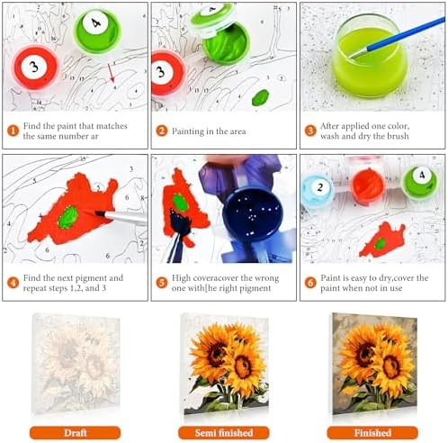 Fountor Framed Paint by Numbers Kit for Adults Beginner & Kids Ages 8-12, Sunflower Paint by Number with Frame, Easy Acrylic Watercolor Sunflower Painting by Numbers Kit on Canvas 10x10 inch - Image 6