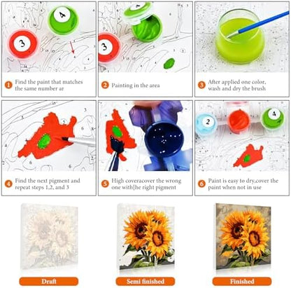 Fountor Framed Paint by Numbers Kit for Adults Beginner & Kids Ages 8-12, Sunflower Paint by Number with Frame, Easy Acrylic Watercolor Sunflower Painting by Numbers Kit on Canvas 10x10 inch - Image 6