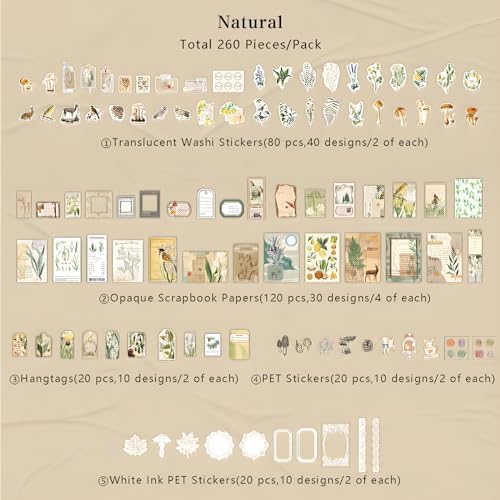 Teniinet 260 PCS Vintage Scrapbooking Supplies Kit for Beginners (Natural) - Image 2