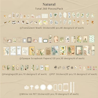 Teniinet 260 PCS Vintage Scrapbooking Supplies Kit for Beginners (Natural) - Image 2
