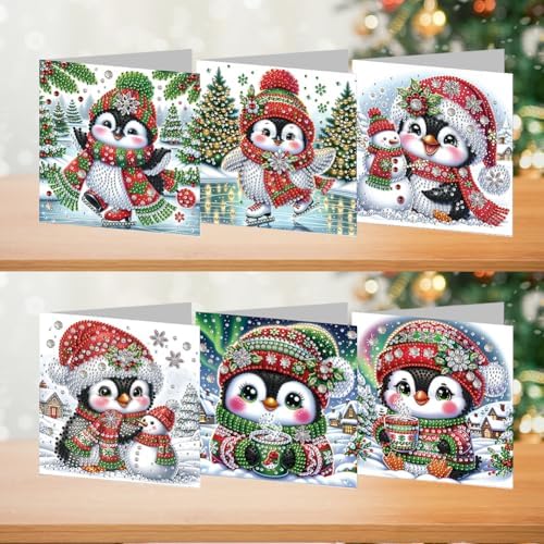 jinglinhh 6pcs Diamond Art Painting Christmas Penguin Snowman Aurora Greeting Cards with Envelopes, DIY Card Making Kits for Adults, Diamond Art Postcards Holiday Cards Craft Gifts - Image 3