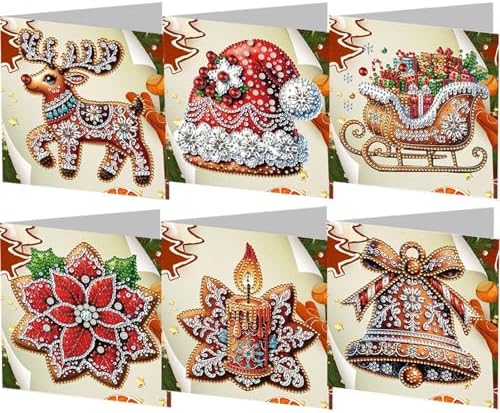 jinglinhh 6pcs Diamond Art Painting Christmas Deer Sled Poinsettia Bell Greeting Cards with Envelopes, DIY Card Making Kits for Adults, Diamond Art Postcards Holiday Cards Craft Gifts by Unknown