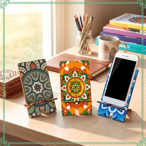 Kenning 12 Pcs Mandala Color Your Own Phone Holder DIY Crafts Mandala Cell Phone Stands Paint Your Own Unfinished Wooden Cellphone Holder to Paint with 24 Color Pens for Adults Handmade Project Gifts - Image 4