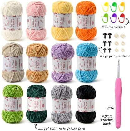 12 Pack Chenille Chunky Yarn - Baby Yarn for Crocheting Soft - Yellow Green Blue Purple Gray White Black Velvet Yarn Crochet Blanket - Amigurumi Yarn Pack with Crochet Accessories E - Image 2