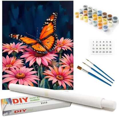 Butterfly Art Paint by Numbers Kit for Adults - DIY Monarch Butterfly on Pink Daisies Painting on Rolled Canvas 16x20 Inches, Acrylic Paint Set for Beginners, Art for Home Decoration or Gifts by Unknown