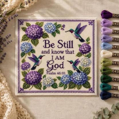 Hummingbird Garden Faith Cross Stitch Kit, Psalm 46:10 Be Still and Know Christian Embroidery Set | Premium Wool Yarn DIY Hand Stitch Craft for Adults Beginners, Religious Home Wall Decor Gift - Image 6
