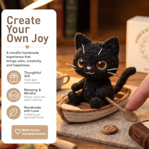 DIY Needle Felting Kit Black Cat in Rowing Boat – Needle Felting Starter Kit with Fiber Roving, Needles, Felting Pad & Instructions | Felted Cat Kit for Beginners Adults | Unique DIY Craft Gift - Image 2