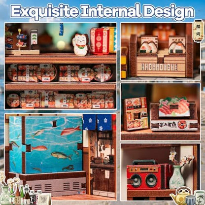DIY Miniature Dollhouse Kit for Beginners, Fish Shop 3D Wooden Puzzle, 129 PCS, Palm Size Mini House Model Building Kit, Japan Booknook Diorama Kit, Bookshelf Home Decor, Adult Crafts Gift - Image 4