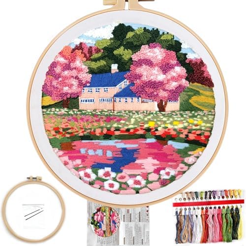 FONNUY Embroidery Kit for Beginners, Boho Nature Landscape Pre-Stamped Pattern Kits for Adults with Hoop, Easy to Follow Color Thread Needlework, 8'' Hoop (Mountain House) by FONNUY