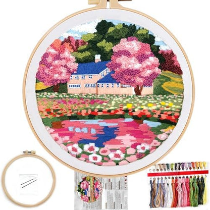 FONNUY Embroidery Kit for Beginners, Boho Nature Landscape Pre-Stamped Pattern Kits for Adults with Hoop, Easy to Follow Color Thread Needlework, 8'' Hoop (Mountain House) by FONNUY