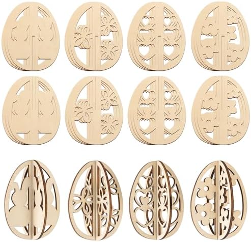 COCHIE DIY 3D Easter Eggs Wood Crafts to Paint, Paintable Unfinished Wooden Slices for Craft, Spring Egg Cutouts Ornaments for Painting Decorations (24 PCS) by COCHIE