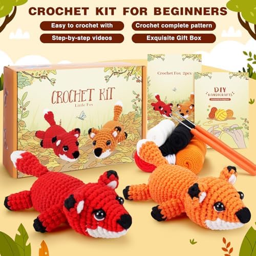 Crochet Kit for Beginners - 2 PCS Fox Crochet Kits with Step-by-Step Video Tutorials, Beginner Crochet Kit for Adults, Crochet Animal Kit, Crochet Fox Set - Image 5
