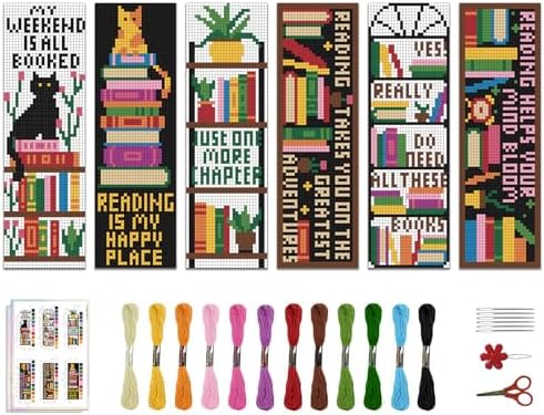 ACRNIGHEET 6PCS Counted Cross Stitch Bookmark Kits for Beginners Bookshelf by ACRNIGHEET