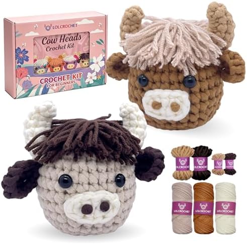 Crochet Kit for Beginners - 2 Pcs Highland Cow Crochet Starter Kit with Step-by-Step Video Tutorial, Easy Amigurumi Set for Adults, Women Learn to Crocheting Gift Idea by LOLCROCHET