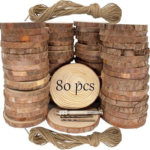 Unfinished Natural Wooden Slices 80 Pcs 3.2-4 Inch Wood Circles for Crafts DIY Christmas Ornament Craft Wood Kit with Bit,Blank Round Wood Slice with Bark for Art,Painting,Party (80) by KXEXK
