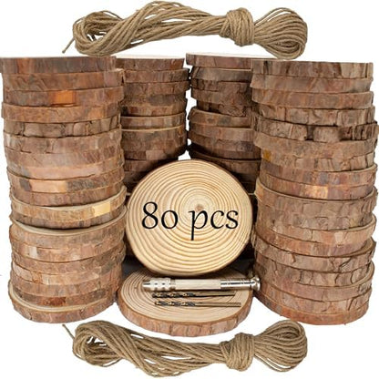 Unfinished Natural Wooden Slices 80 Pcs 3.2-4 Inch Wood Circles for Crafts DIY Christmas Ornament Craft Wood Kit with Bit,Blank Round Wood Slice with Bark for Art,Painting,Party (80) by KXEXK