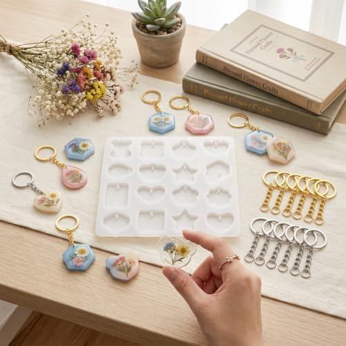 16 pcs Resin Keychain Molds Silicone with Hole kit, Cavities Epoxy Resin Molds Silicone Jewelry Keychain Making Kit with 20 Keychain Rings, Molds for Epoxy Resin DIY Craft Starter Set for Beginners - Image 3