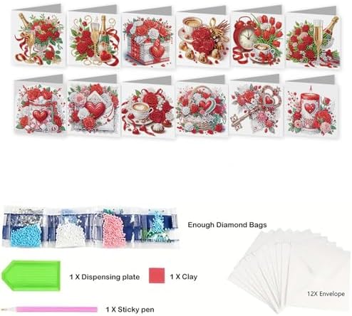 jinglinhh 12pcs Valentine's Day Diamond Art Painting Rose Flower Candle Tulip Coffee Greeting Cards with Envelopes, DIY Card Making Kits for Adults, Diamond Art Birthday Holiday Cards Gifts - Image 3