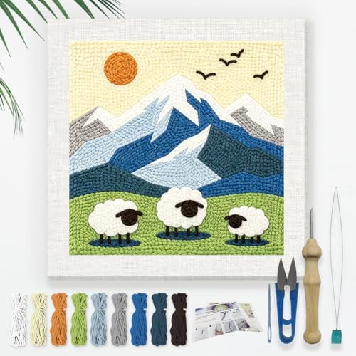 Doodlream Mountain and Sheep Needle Kit for Beginner, 9.4"x 9.4" Sunny Pasture Punch Stitching Craft Set, DIY Embroidery Starter with Printed Frame, Instruction, Threader, Yarn, Pinch Needle by Doodlream
