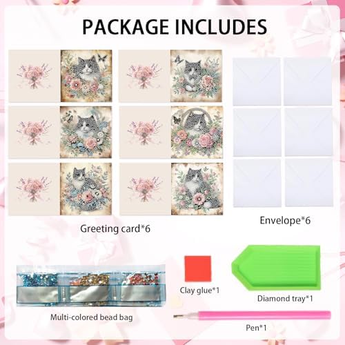 6pcs Diamond Art Painting Greeting Card, DIY Cat and Flower Diamond Art Greeting Cards for Blessings and Wishes Special Shaped Diamond Greeting Card Arts Crafts for Christmas Birthday Thanksgiving Day - Image 7