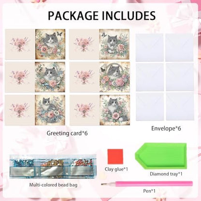 6pcs Diamond Art Painting Greeting Card, DIY Cat and Flower Diamond Art Greeting Cards for Blessings and Wishes Special Shaped Diamond Greeting Card Arts Crafts for Christmas Birthday Thanksgiving Day - Image 7