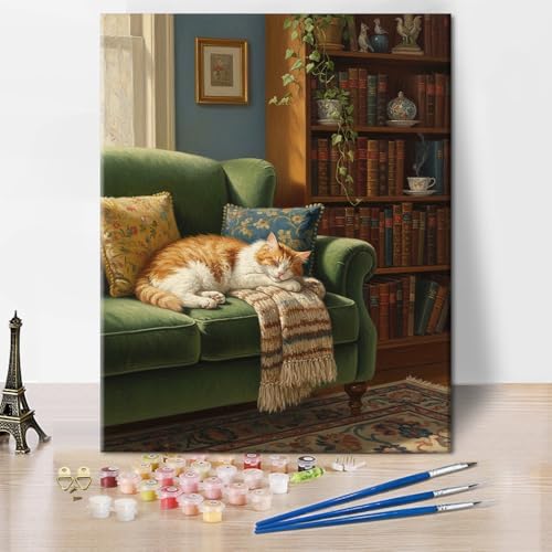 TUMOVO Adults Paint by Numbers Kit Cozy Sleeping Cat on Green Couch Paint by Numbers for Beginners Relaxing Home Interior Scene with Bookshelf DIY Canvas Art Acrylic Paints and Brushes 16x20 Inch by TUMOVO