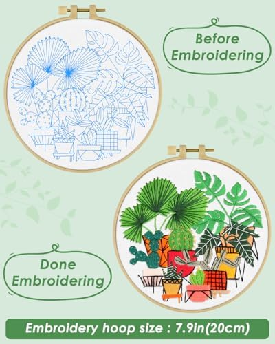 ERKOON Embroidery Kit for Beginners, Flower Cross Stitch Set for Include Embroidery Cloth Hoops Threads for Craft Lover Hand Stitch with Embroidery Skill Techniques (Greenery) - Image 3